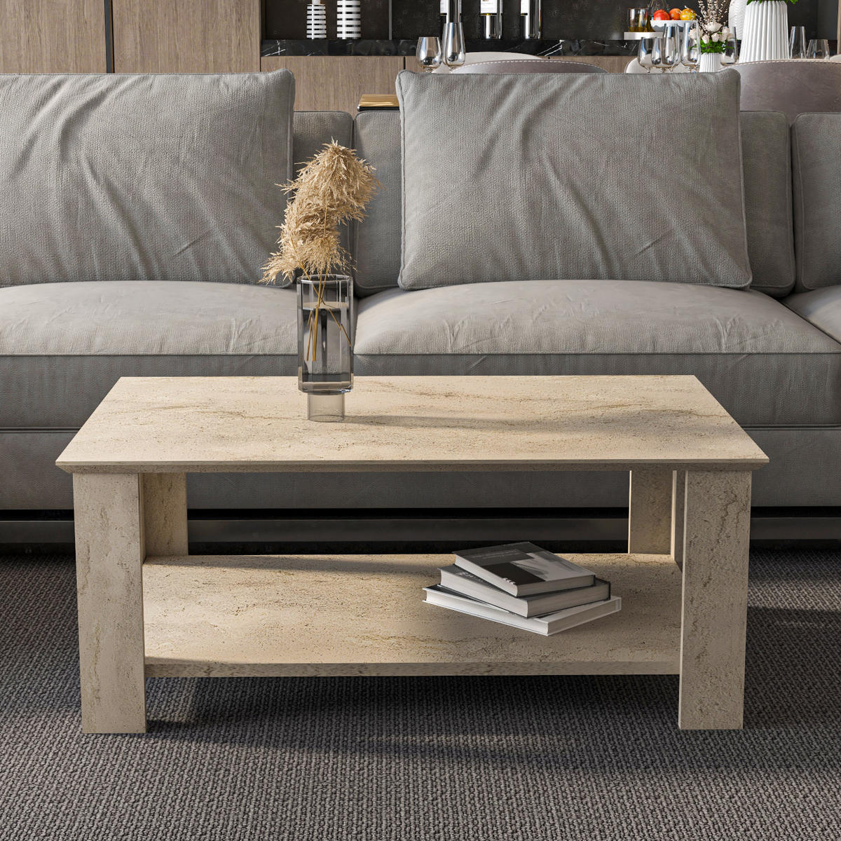 COUCHTISCH Leroy Travertin - Creme, Holzwerkstoff (90/60/37cm) - Decorotika