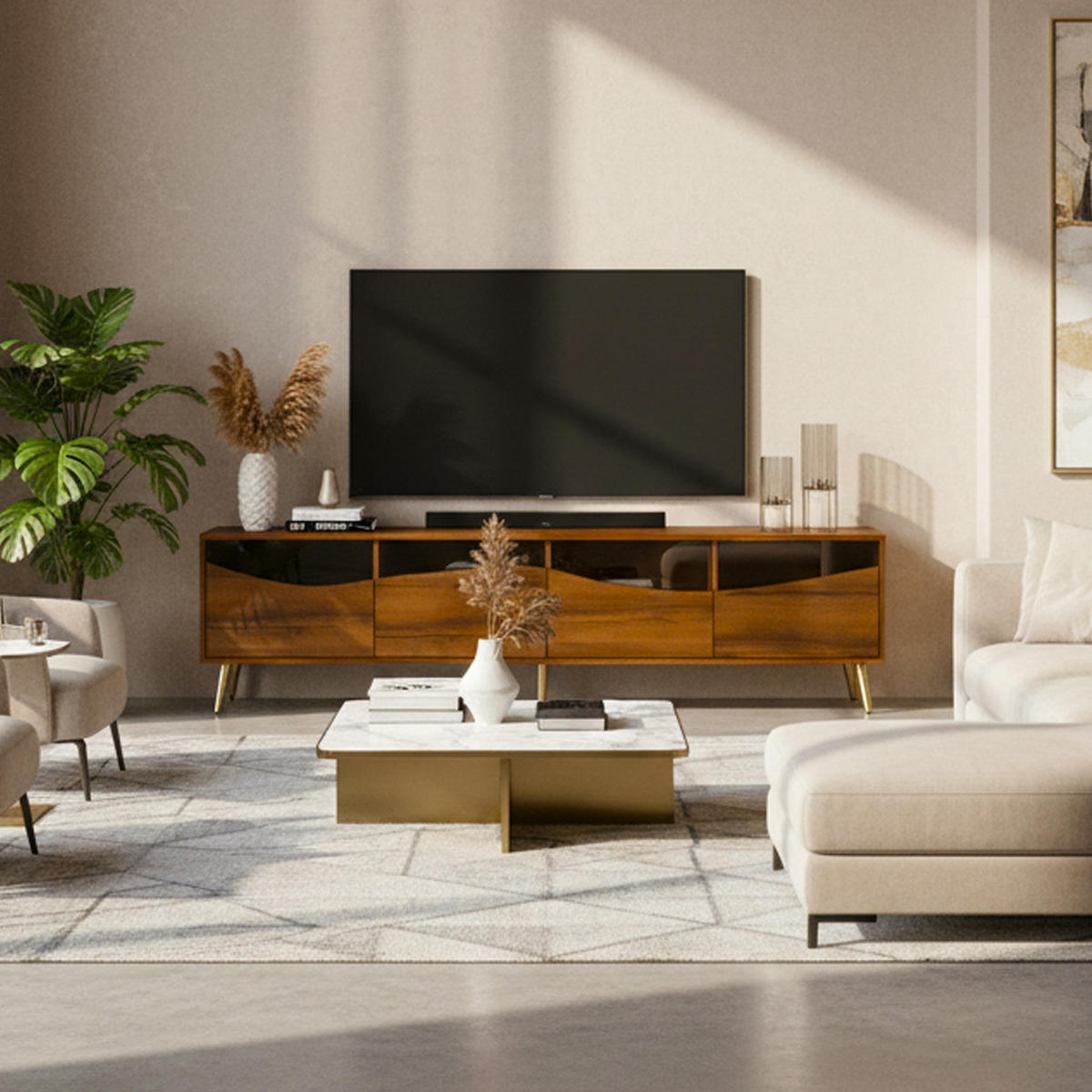 TV-SCHRANK 180 cm Mit LED-Beleuchtung, Glasfront, goldenen Metallfüßen Walnussfarben, Stauraum für Wohnzimmer - Braun, Holzwerkstoff (180/50/40cm) - Urban Meuble