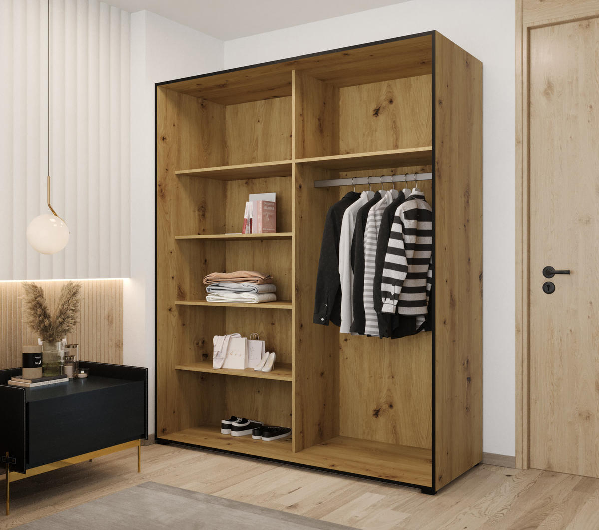 DREHTÜRENSCHRANK MODENA 180, 4-türig Kleiderschrank mit 2 Spiegel, Moderne Garderobe, Schrank in Größe: 180 x 206 x 65 cm - Schwarz/Braun, Holzwerkstoff (180/206/65cm) - O-Sofa