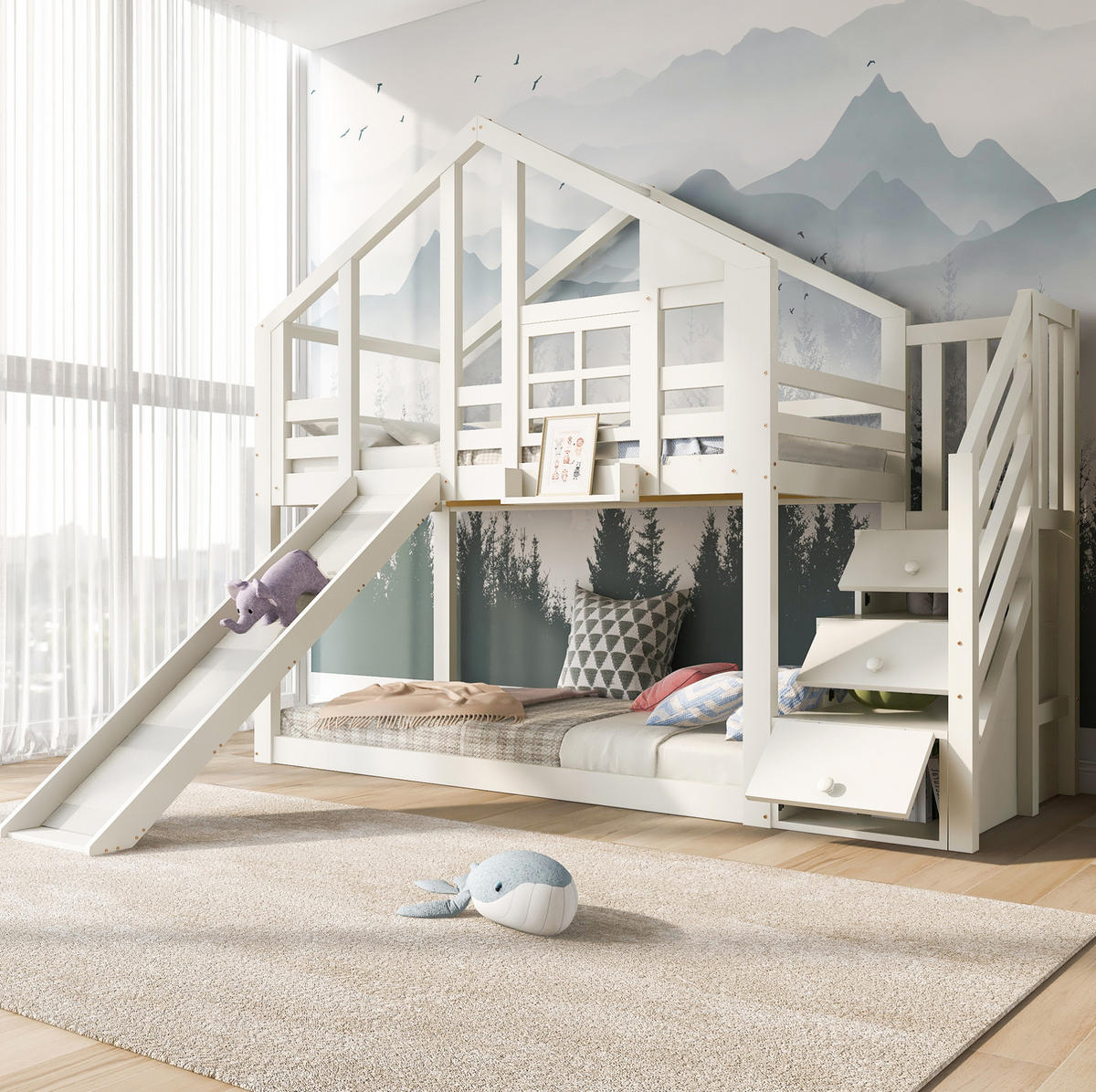 ETAGENBETT aus Kiefer-Massivholz und MDF 90x200 cm Weiß mit Rutsche und Stauraumtreppe - Weiß, Holzwerkstoff (90/200cm) - IVMEU