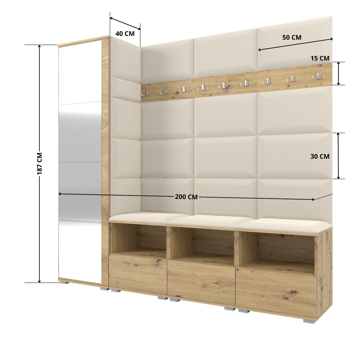 GARDEROBE NELA IX 200 cm (Modulare Flurmöbel Artisan Eiche mit Spiegel & Sitzpolster Creme 01 Breite Sitzbank) - Silberfarben/Creme, Holz/Holzwerkstoff (200/187/40cm) - Ravio