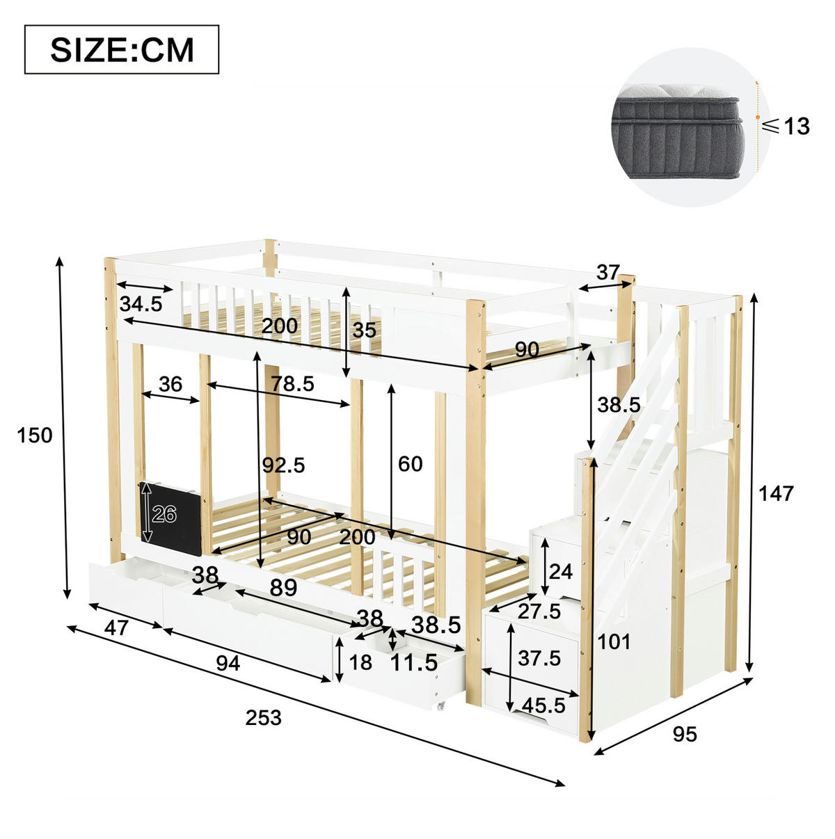 POSCHODOVÁ posteľ 90/200 cm biela/prírodná s úložnými schodmi a zásuvkami z borovice a MDF - biela, kompozitné drevo (90/200cm) - OKWISH