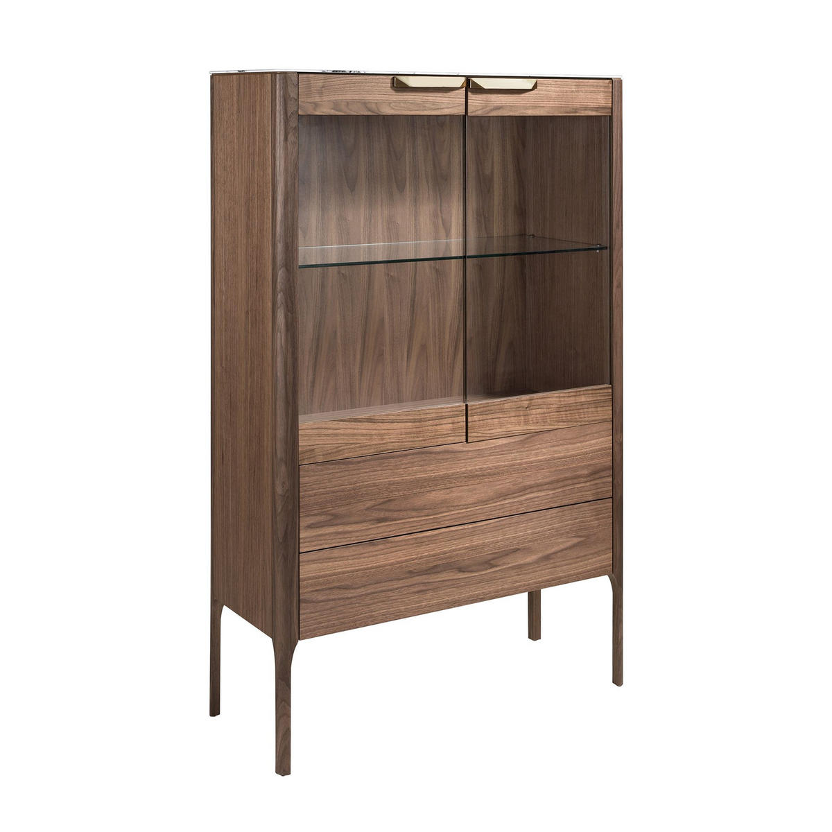 HIGHBOARD Hohe Anrichte aus Nussbaumholz mit Glasplatte aus Marmorimitation und Innenbeleuchtung 99/40/161 cm - Transparent/Walnussfarben, Holz (99/161/40cm) - ANGEL CERDA