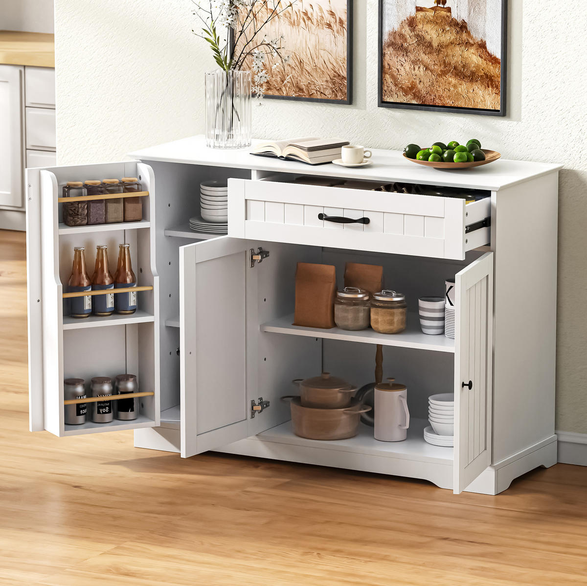 SIDEBOARD 107/40/83.4 cm Weiß aus MDF mit 3 Türen und 1 Schublade - Weiß, Holzwerkstoff (40/83.4/107cm) - OKMYHOME