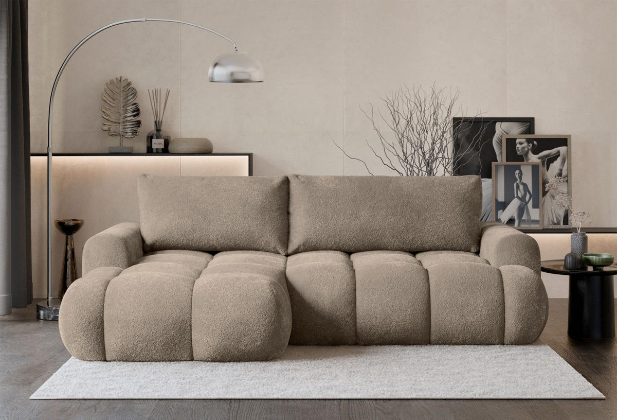 ECKSOFA Ombo Mini, Dunkelbeige Bouclé, linksseitig - Beige/Schwarz, Kunststoff/Textil (256/155cm) - Selsey