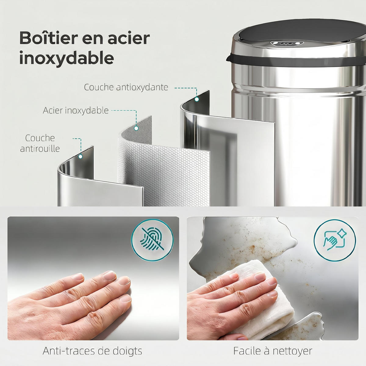 MÜLLEIMER SENSOR Infrarot Automatik Edelstahl Schwarz-Silber 30,5/30,5/81,5 cm - Silberfarben, Metall (30.5/81.5/30.5cm) - Rolipo