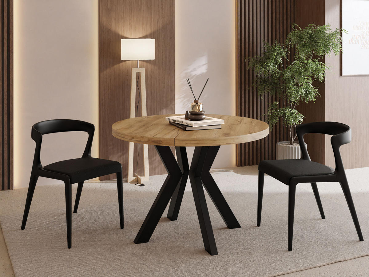 ESSTISCH Savio rund ausziehbar verlängerbar, Eiche Braun 80-130/80/77 cm - Eiche Wotan/Schwarz, Holz/Holzwerkstoff (80/80/77cm) - WFL GROUP