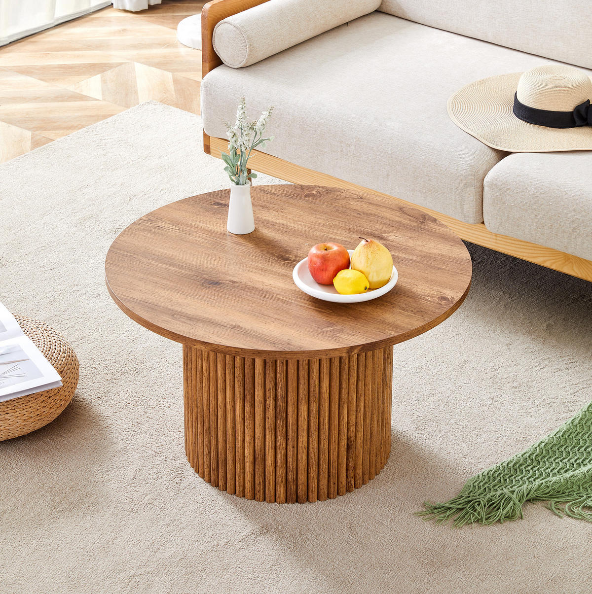 COUCHTISCH aus MDF und Metall Ø70x42 cm in Naturfarben mit Säulendesign - Naturfarben, Holzwerkstoff (70/70/42cm) - Modfu