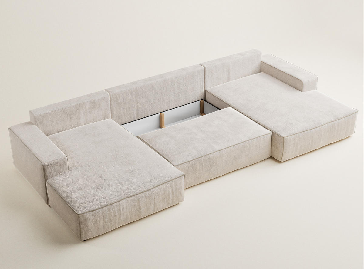 WOHNLANDSCHAFT Deseo Creme-Beige Chenille-Stoff - Beige/Creme, Holz/Holzwerkstoff (398/70/148cm) - Maison de Reve
