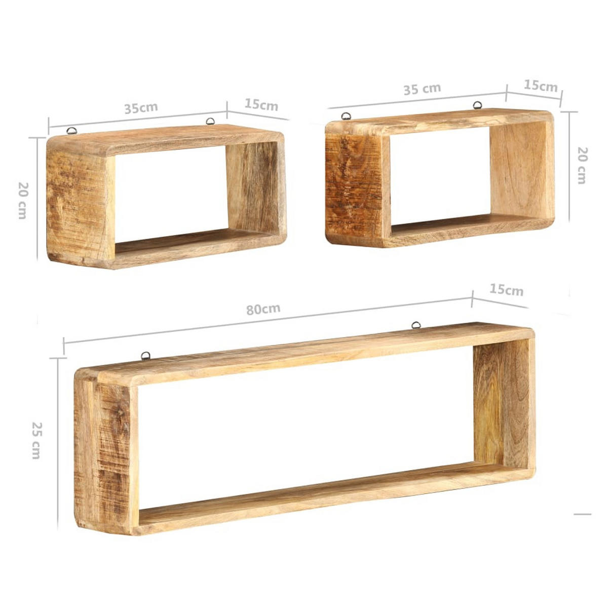 WANDREGALSET 3-teilig 35-80/15/20-25 cm aus Mango-Massivholz - Braun, Holz (80/25/15cm) - vidaXL
