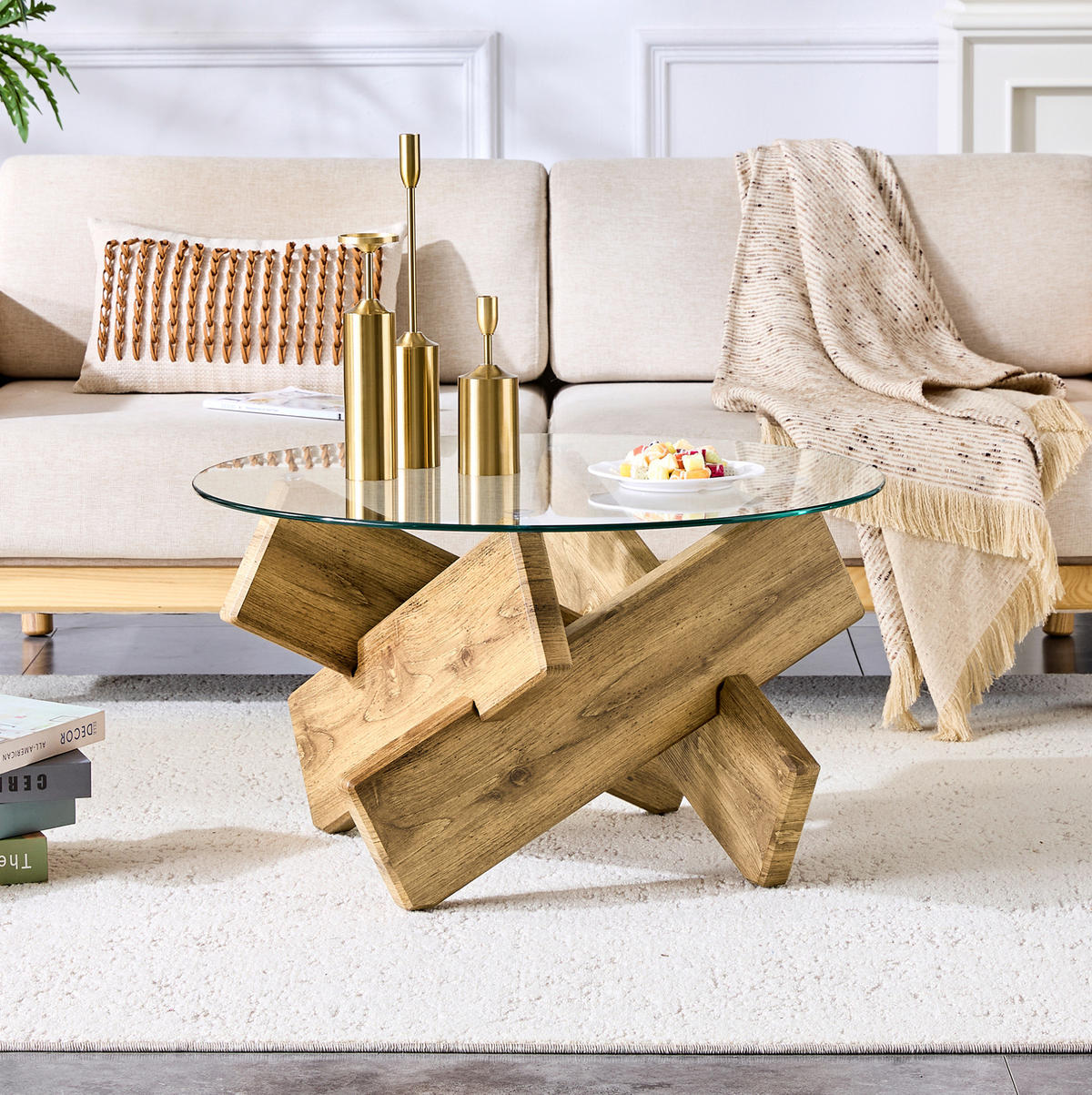 COUCHTISCH 79/45 cm Transparent/Holz aus MDF und Glas mit Kreuzgestell - Klar, Holzwerkstoff (79/79/45cm) - OKMYHOME