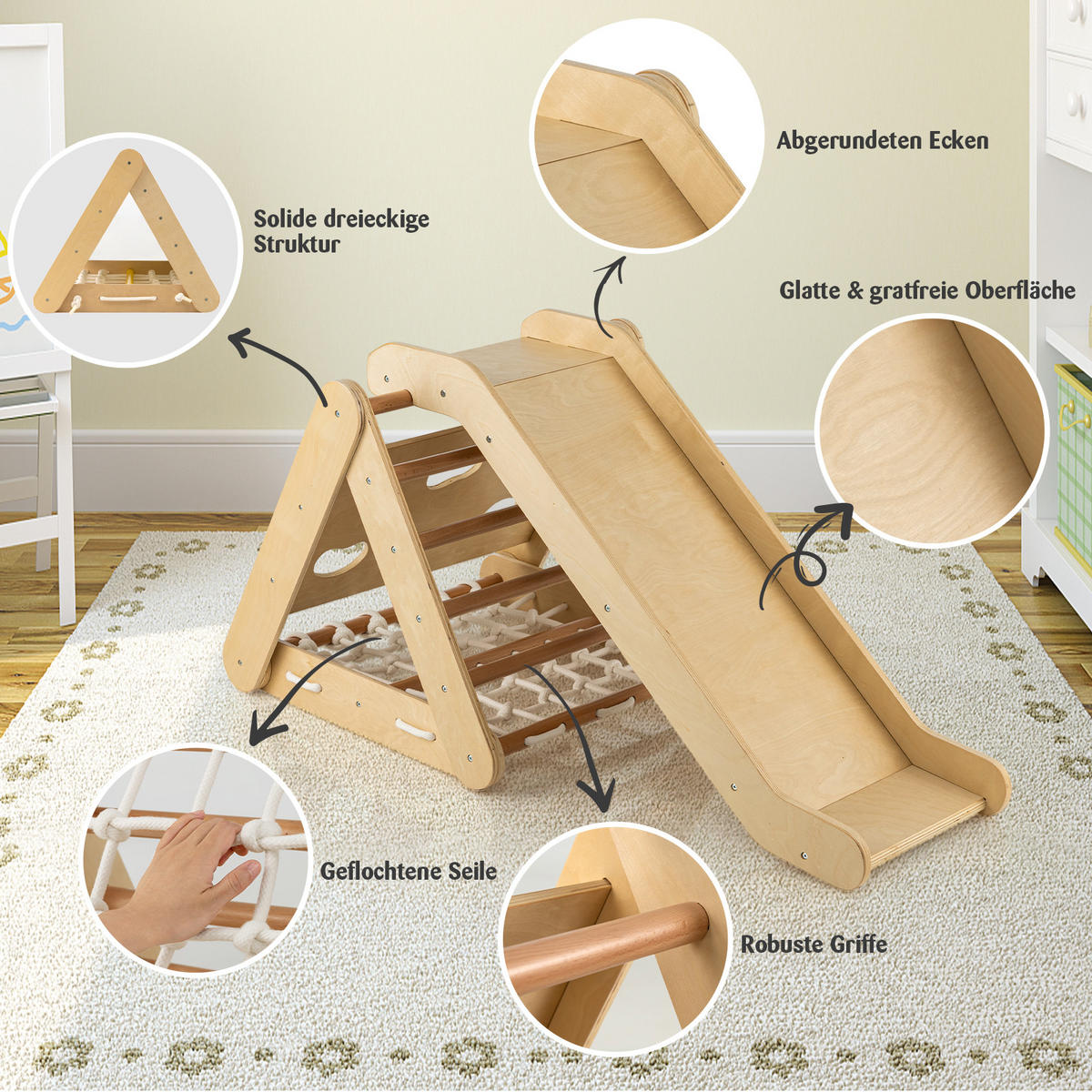 KLÄTTERDREIECK 4 i 1 trä - Naturfärgad, Trä (64/58/63cm) - COSTWAY