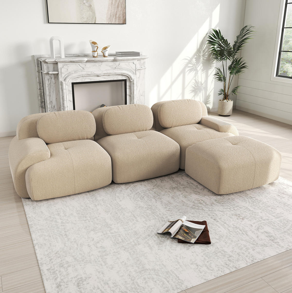 ECKSOFA Beige aus Cord, modular und montagefrei - Beige, Textil (178/298cm) - Flora Grace