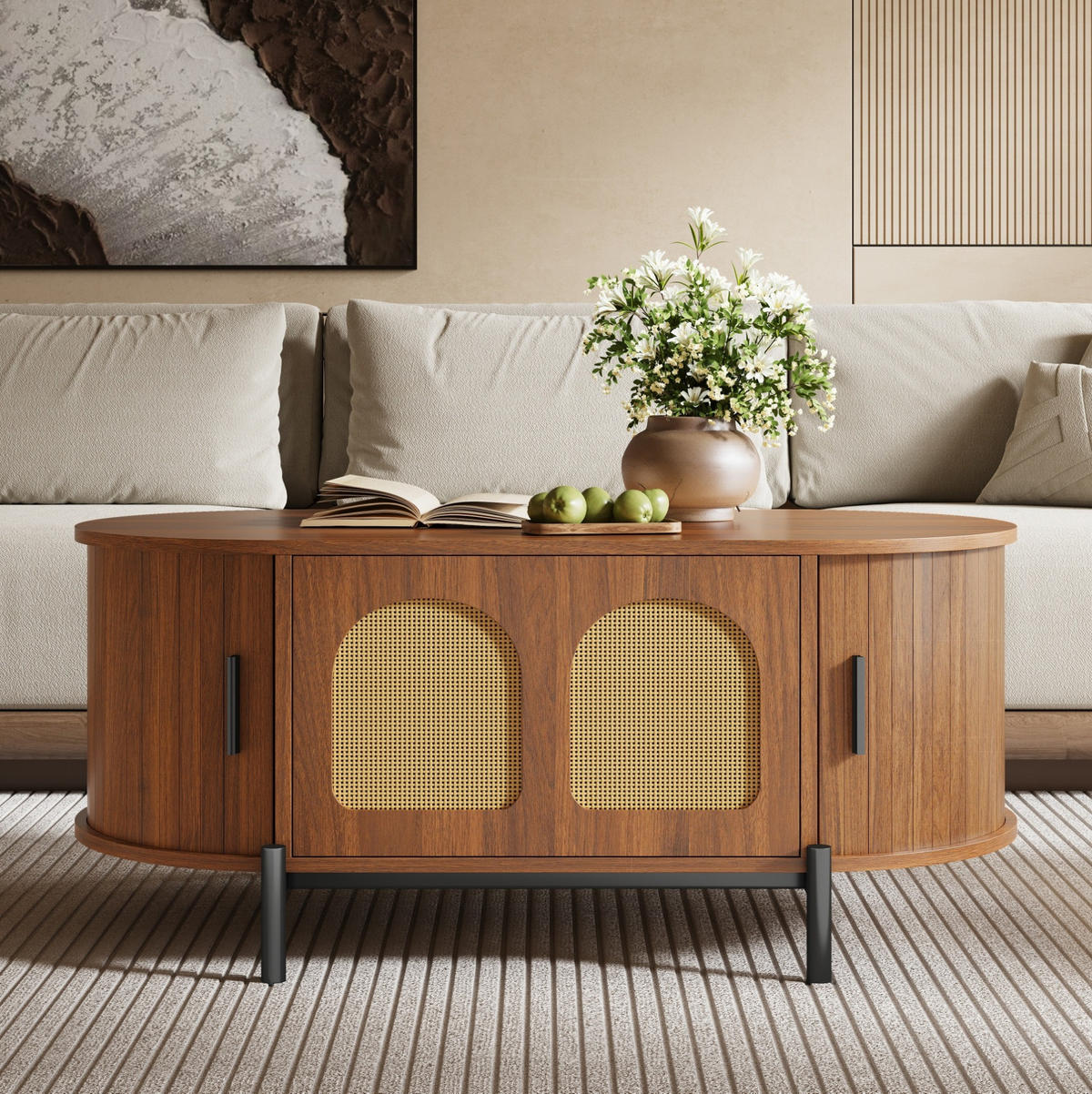 COUCHTISCH oval mit Stauraum 100 x 50 cm Holzoptik Rattan - Braun, Holz (100/50/40cm) - Meubliv