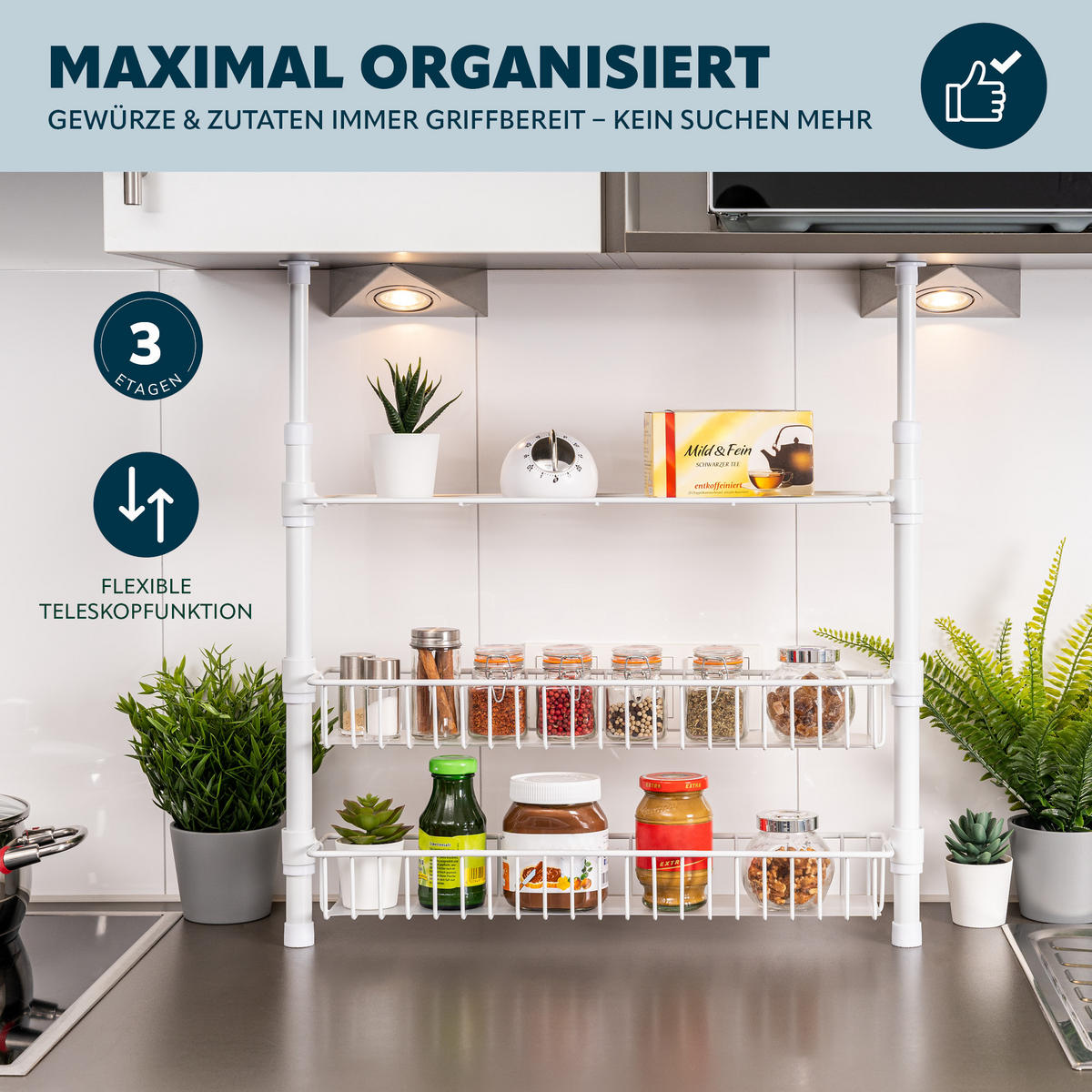 TELESKOP-GEWÜRZREGAL, weiß, Metall - Weiß, Metall (55/80/14cm) - bremermann