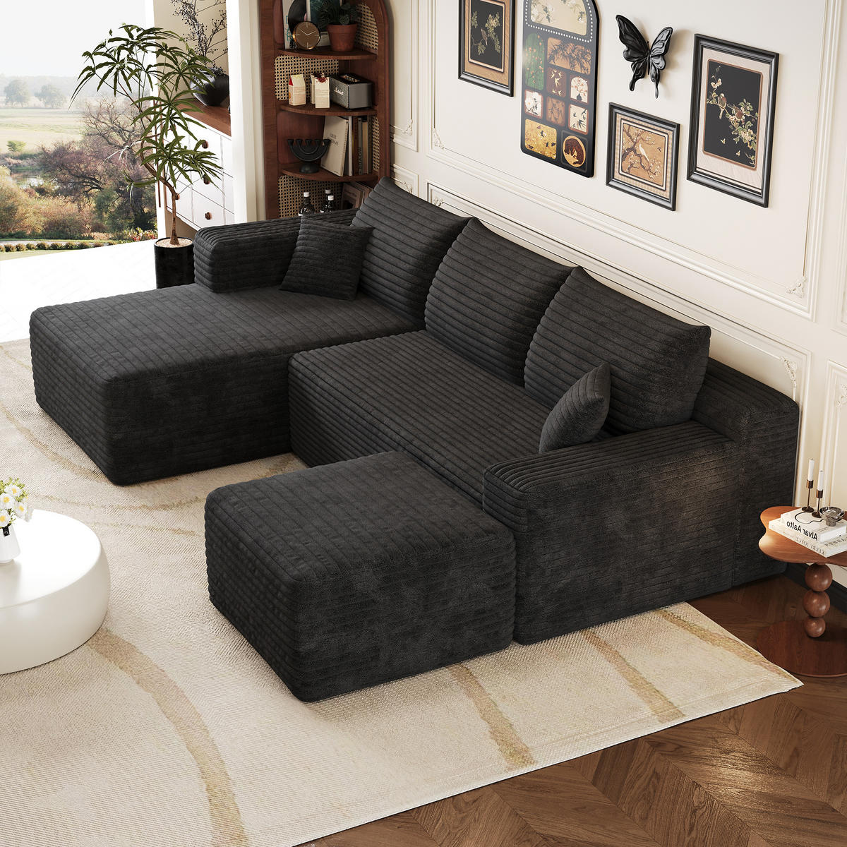 WOHNLANDSCHAFT Cord Schwarz modular, ohne Montage - Schwarz, Textil (241/58/151cm) - WISHDOR