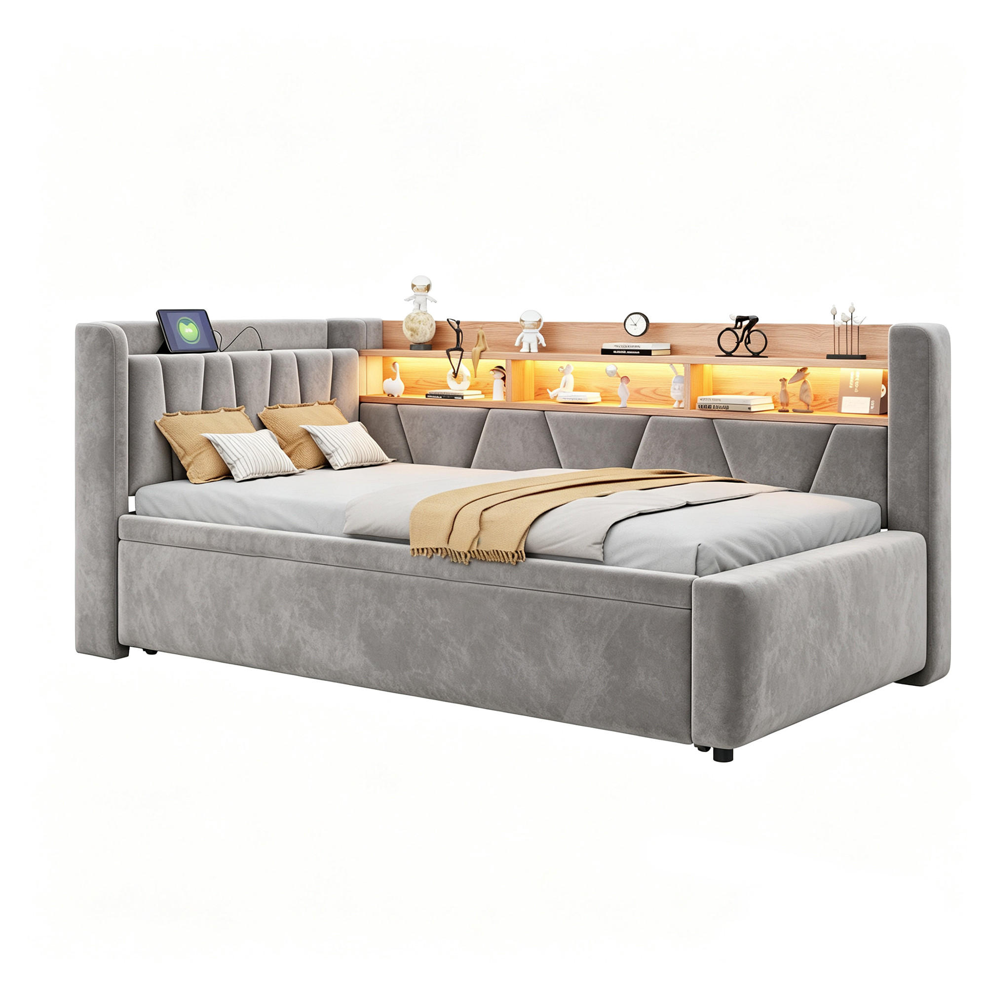 BOXBETT 90/200 mit LED/Regal/USB/Bettkasten, Samt, Grau - Grau, Holz (90/200cm) - LVHOM