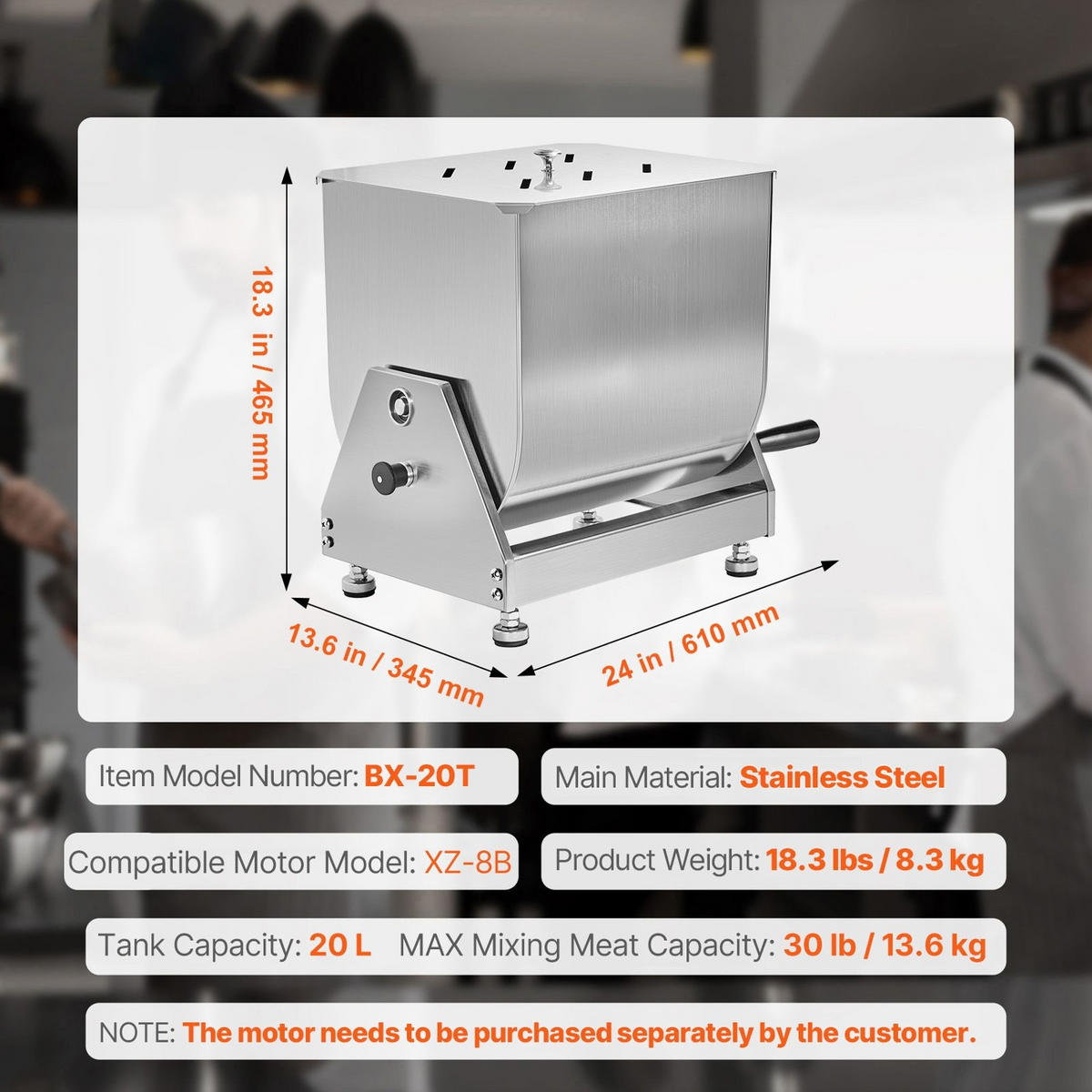 FLEISCHWOLF Manueller 20L, Hackfleischmischer Edelstahl, Gewerbliche Nutzung - Silberfarben, Metall (31.01/45/51cm) - Rolipo