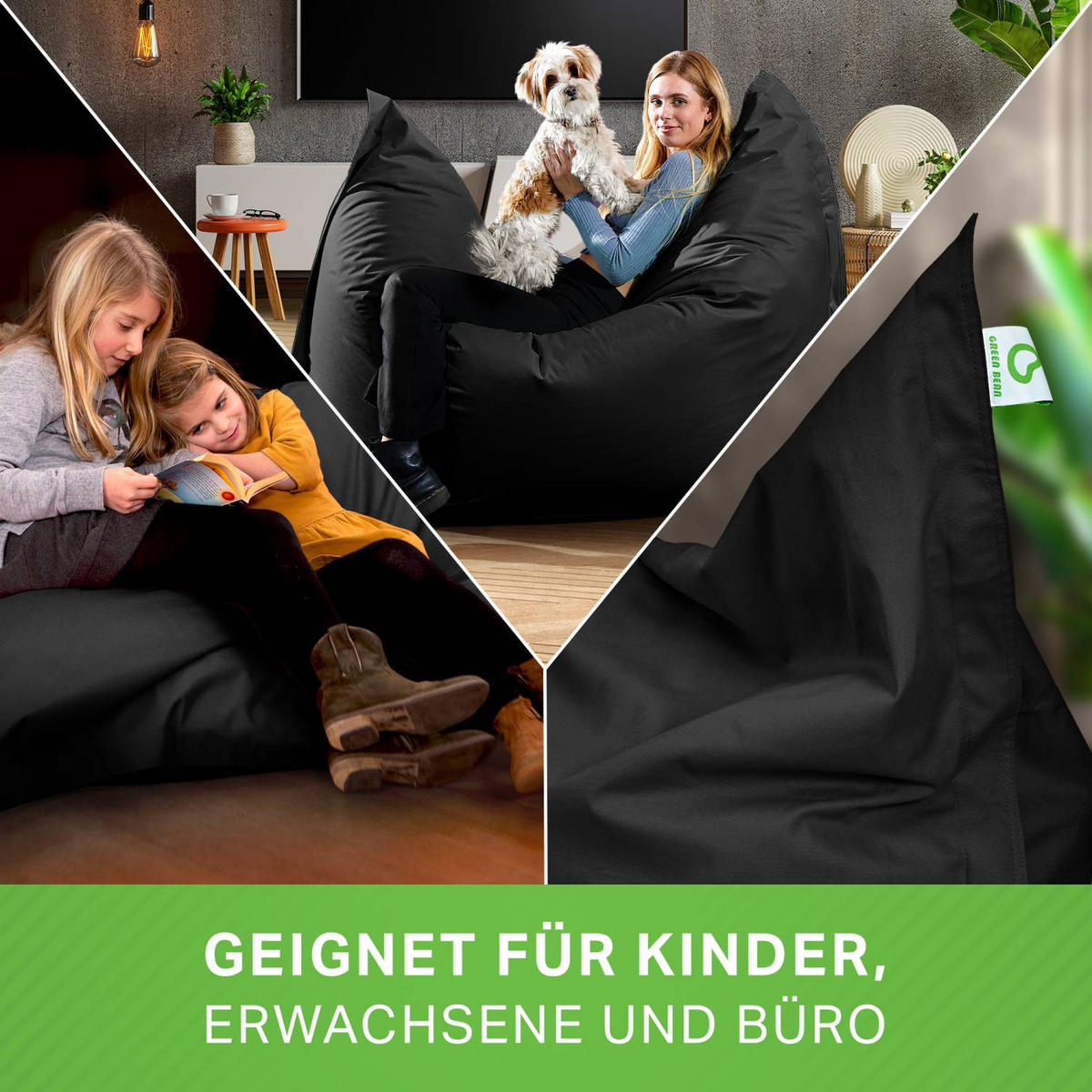 RIESEN-SITZSACK "Square" XXL - Baumwolle - Schwarz, Textil (140/25/180cm) - Green Bean