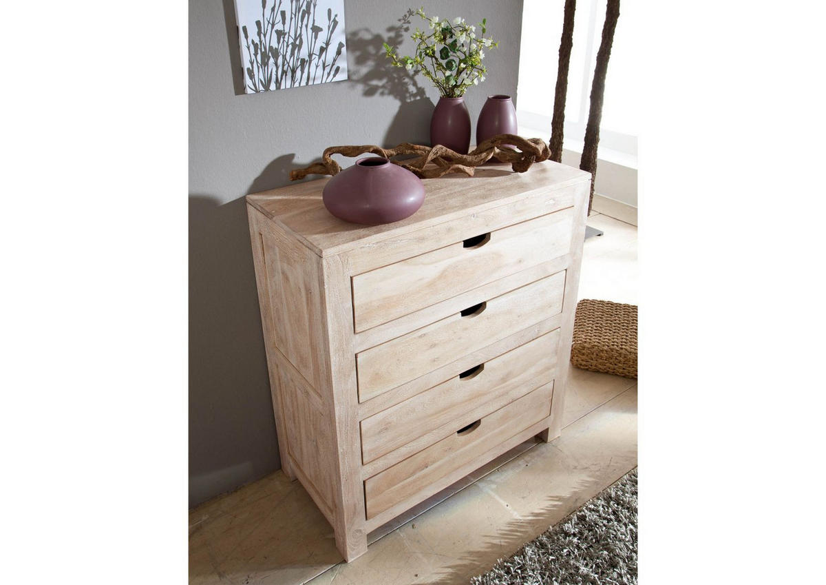 KOMMODE Akazie 85x42x95 white stone getüncht NATURE WHITE #85 - Beige, Holz (85/95/42cm) - Massivmoebel24
