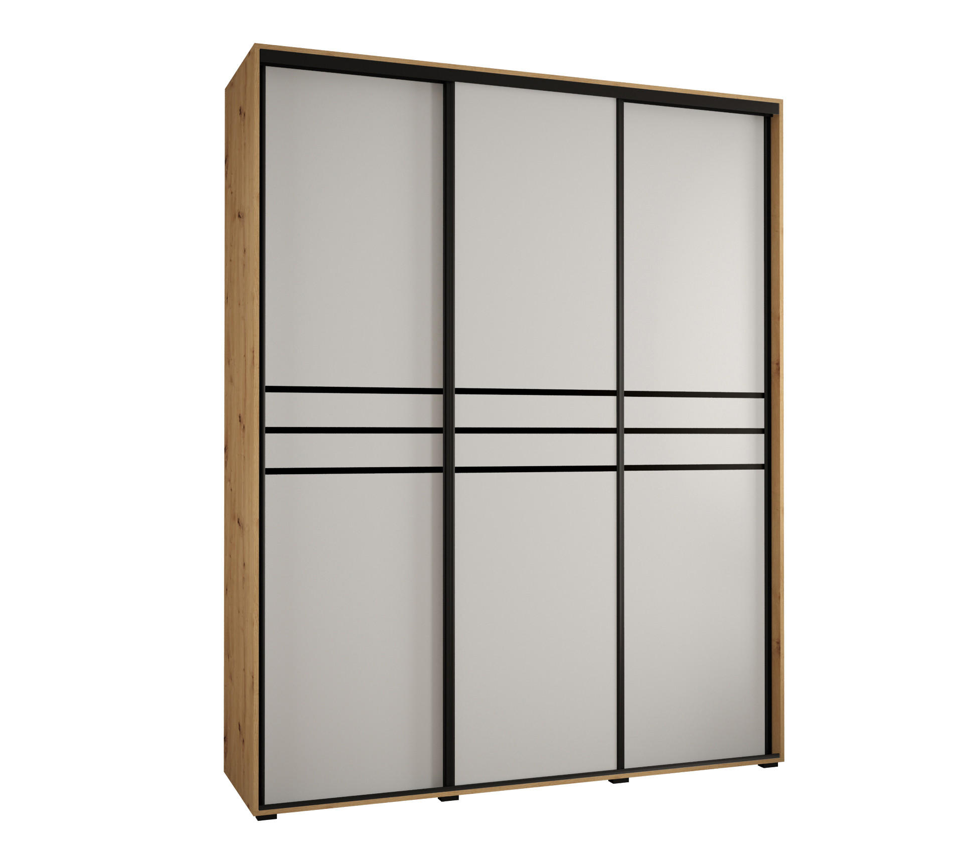 Abiks Möbel SCHWEBETÜRENSCHRANK Eiche Artisan, Weiß, Schwarz 200cm × 45cm × 235cm