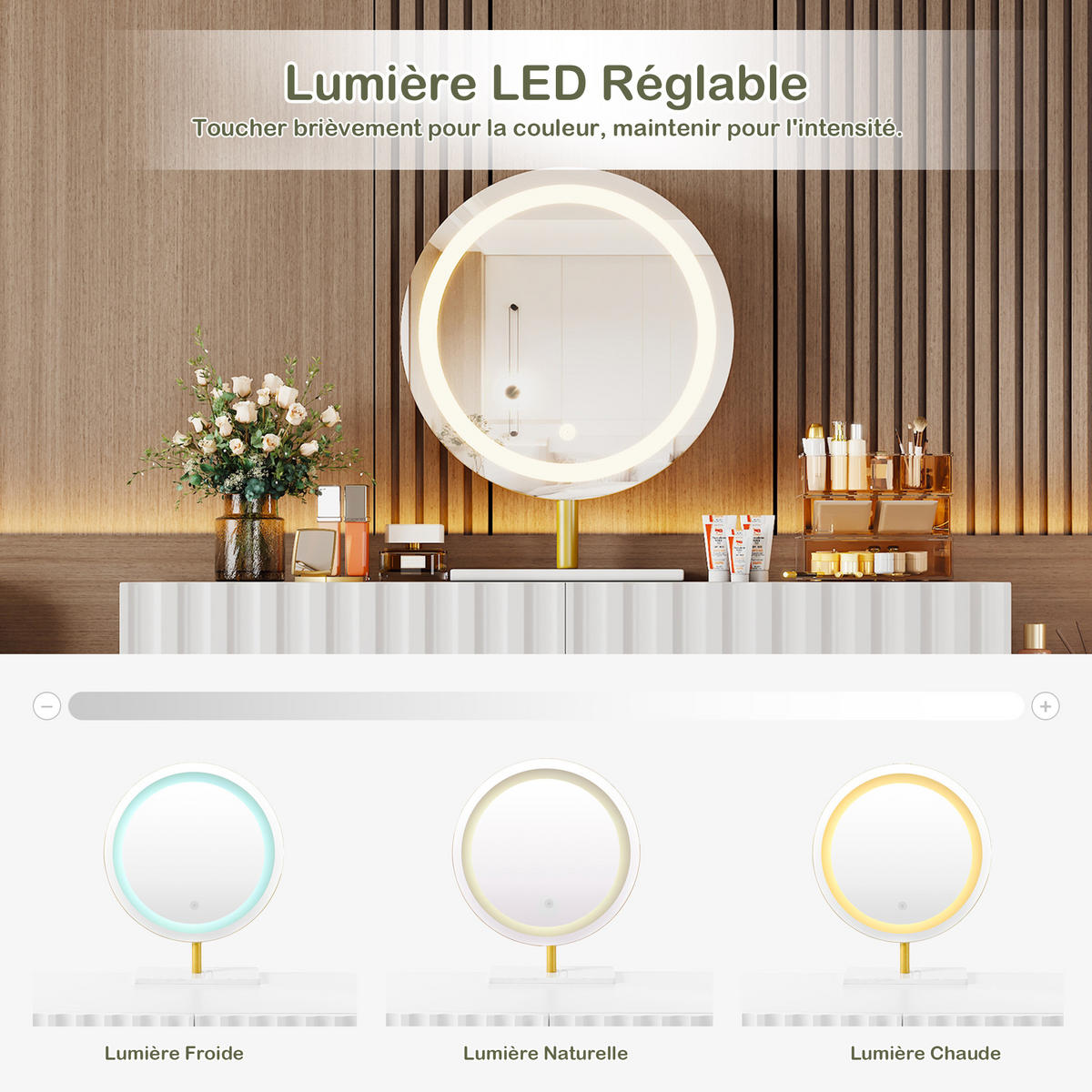 SCHMINKTISCH WEISS mit LED-Spiegel und 5 Schubladen 100x40x127 cm - Weiß, Holzwerkstoff (40/127/100cm) - Bomclap