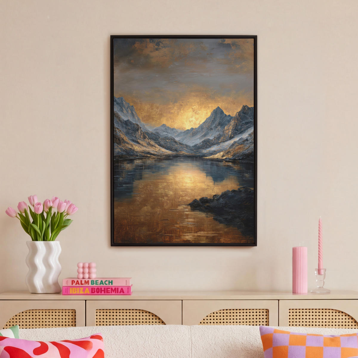 LEINWAND Bilder mit Rahmen - Bergkulisse mit goldenem Sonnenuntergang - 60x90 - Goldfarben, Textil (60/90cm) - MuchoWow