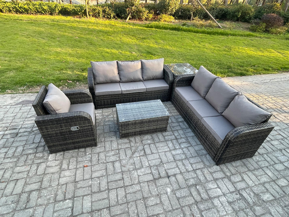 GARTENMÖBEL-SET mit Kissen Polyrattan Dunkelgrau 7-Sitzer - Dunkelgrau/Grau, Glas/Kunststoff - Fimous