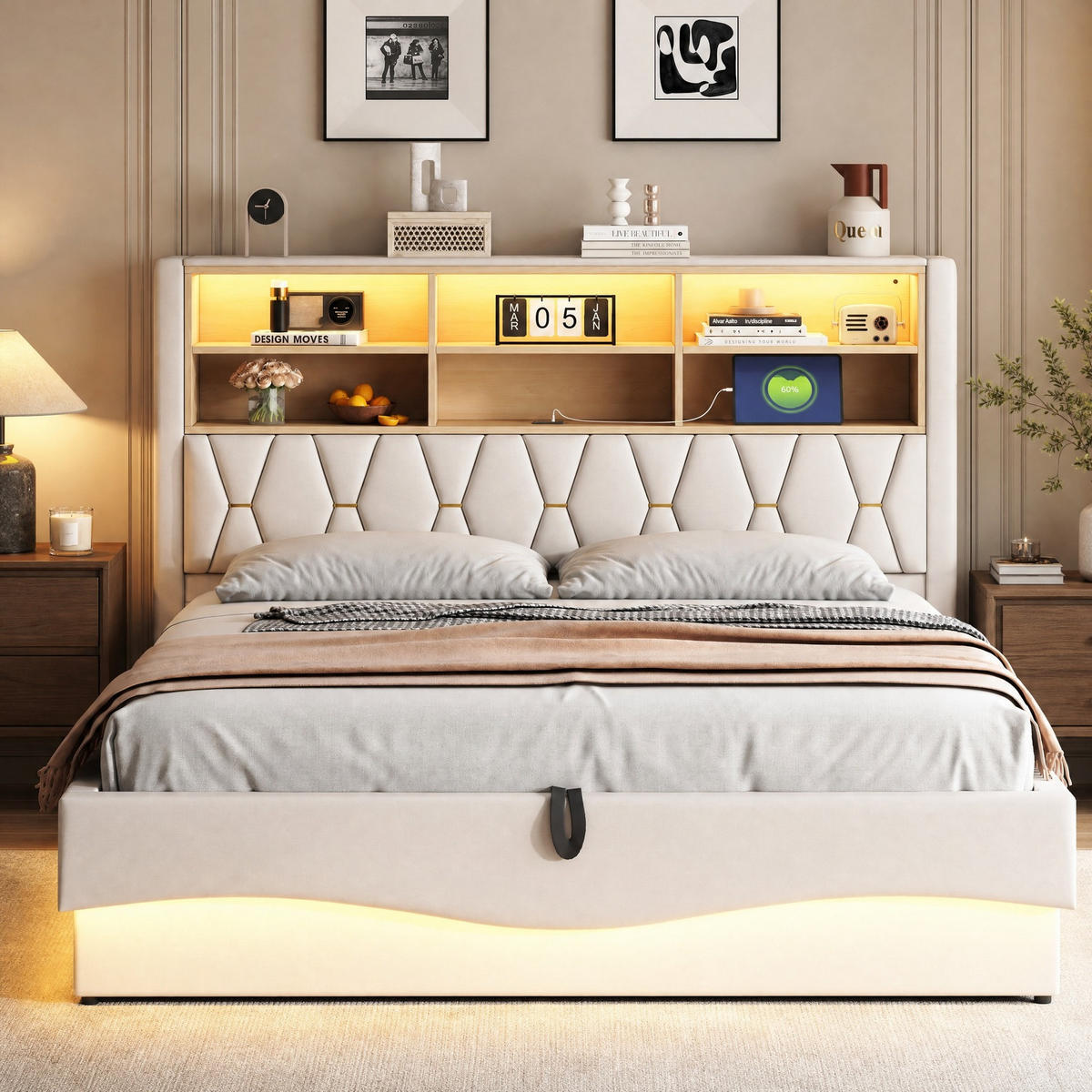POLSTERBETT 180/200 cm in Beige Leinen mit Bettkasten, LED und USB - Beige, Holzwerkstoff/Textil (180/200cm) - CHICFURN