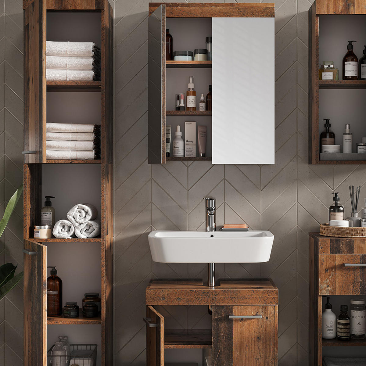 BADMÖBEL-SET Luna Oldstyle 5 Teile - Braun, Holzwerkstoff (60/56/34cm) - Vicco