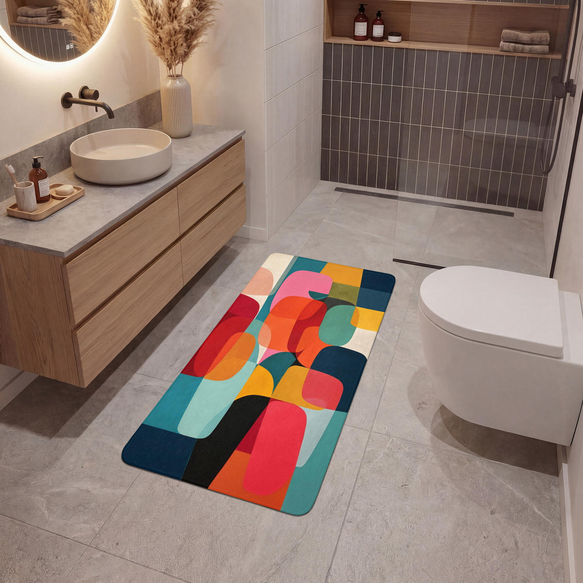 KOUPELNOVÁ PŘEDLOŽKA Tvary - barevné - abstraktní - letadla 60x120 cm - různobarevná, textil/plast (60/120cm) - OnlyWow