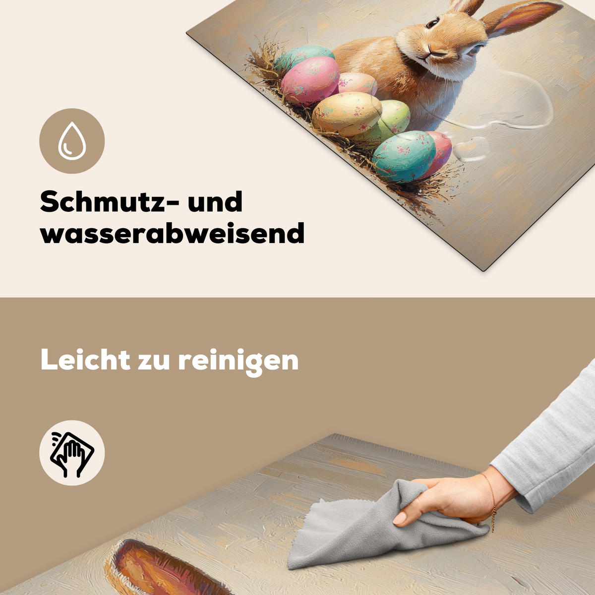 HERDABDECKPLATTE Osterhase - Pastell - Eier Herdabdeckung Induktionsfeld 75x52 cm - Beige, Kunststoff (75/52/0.2cm) - MuchoWow
