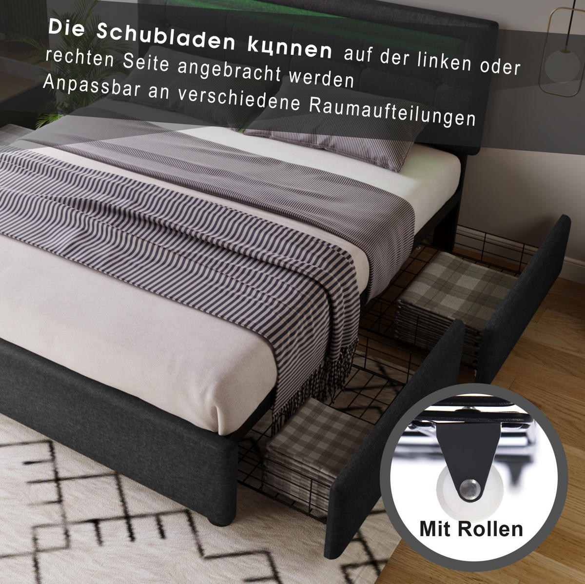 POLSTERBETT 140/200 cm Grau aus Leinen mit LED-Beleuchtung - Grau, Textil (140/200cm) - OKMYHOME