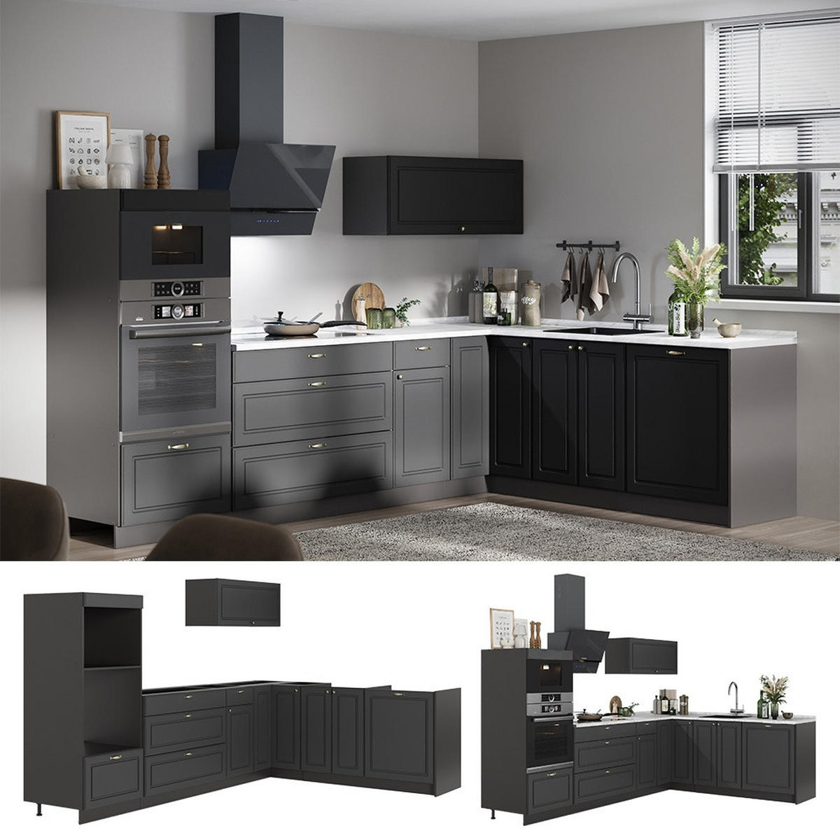 KUHINJA U OBLIKU SLOVA L Fame-Line, Seoska Antracit-Zlatna/Antracit, 287 x 207 cm, RP Hrast - antracit, drvni materijal (287/153.6/60cm) - Vicco