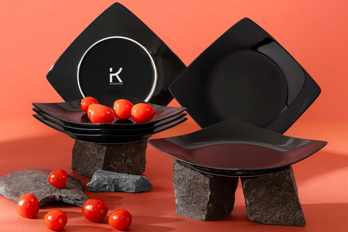 TELLERSET EPIRI Dessertteller 6 Personen 6-tlg - Schwarz Hochglanz, Keramik (21cm) - KONSIMO®