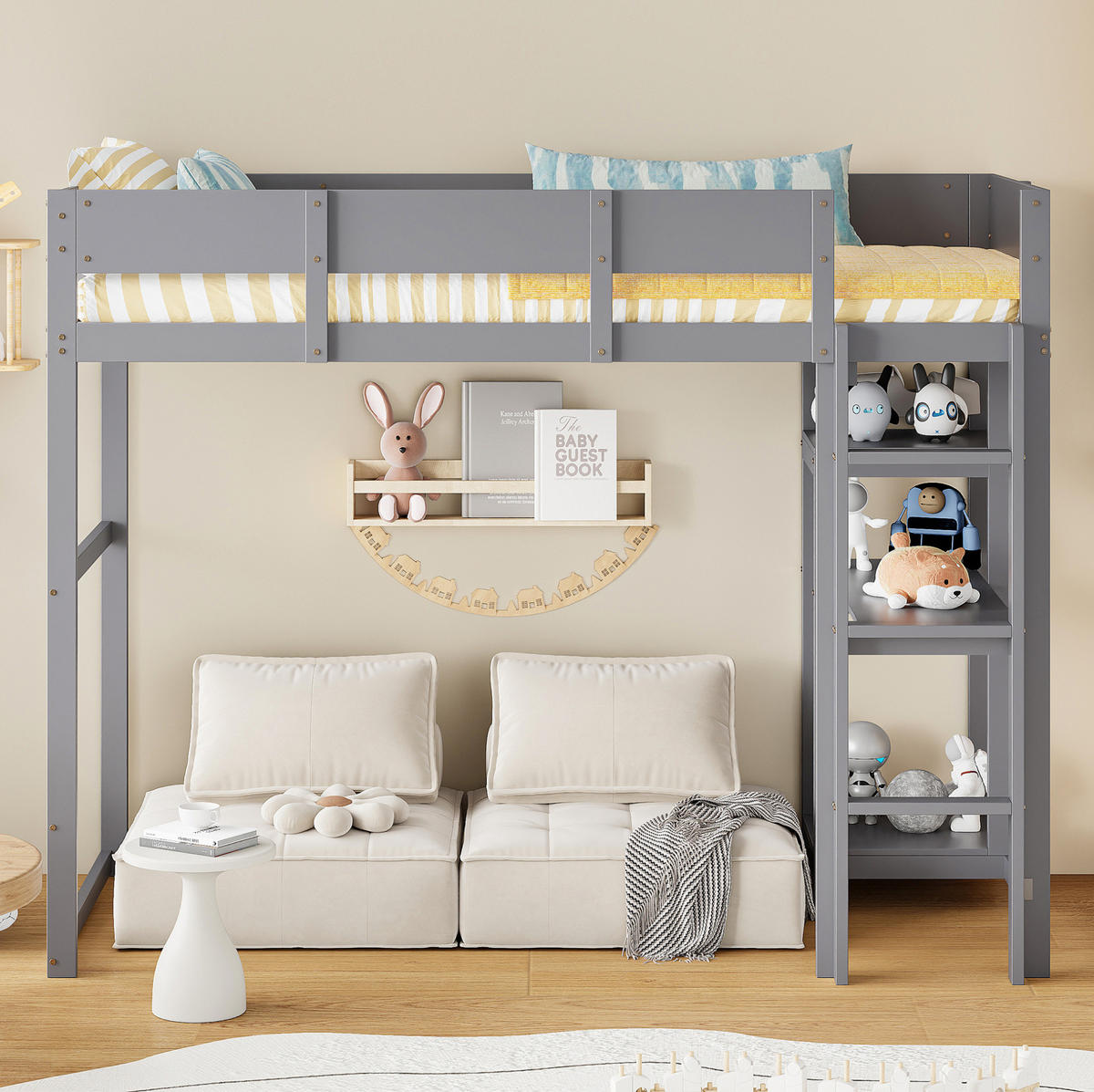 HOCHBETT 90/200 cm mit Ablageregal und Schutzgeländern aus massivem Kiefern, Grau - Grau, Holzwerkstoff (90/200cm) - Redom