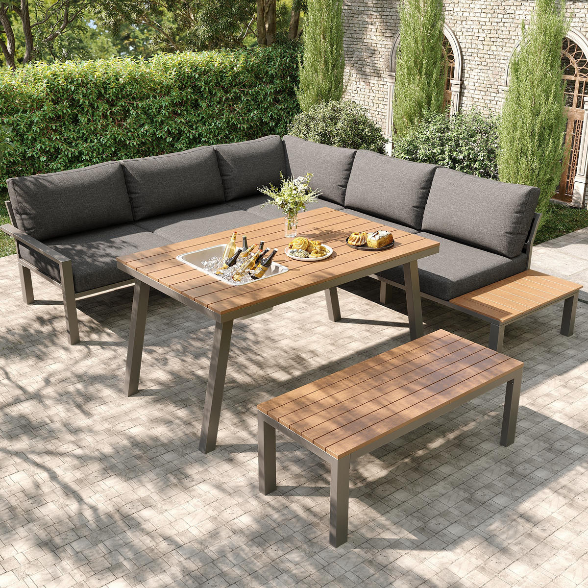 GARTENLOUNGE-SET Sitzgruppe für 6-7 Personen Gartenmöbel-Set Tischplatte mit Eiskübel - Grau, Textil/Metall - STILVORA