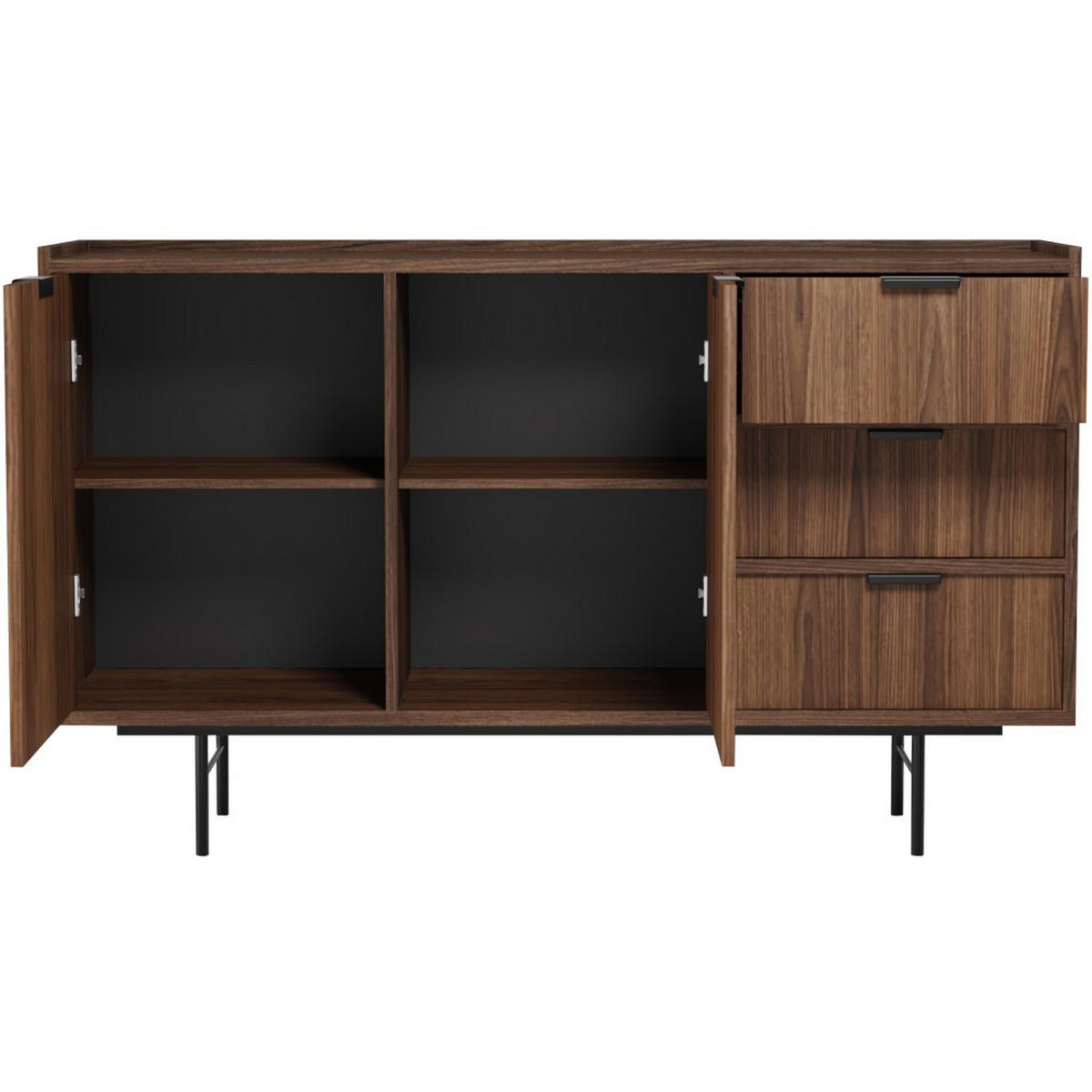 KOMMODE Evron mit 3 Schubalden und 2 Türen, Hikora Eiche - Eichefarben/Schwarz, Holzwerkstoff/Metall (150/90/40cm) - Beautysofa