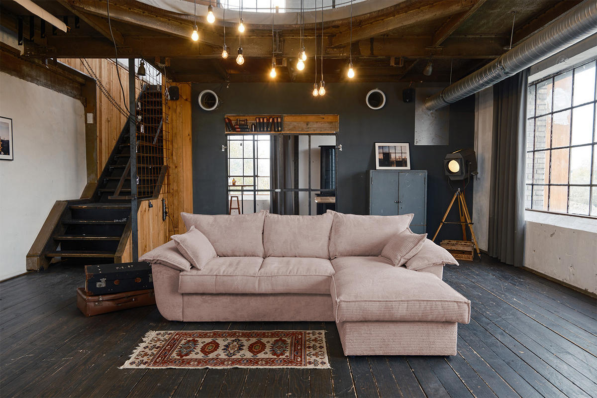ECKSOFA DAMETO Pink Cord - Pink/Schwarz, Kunststoff/Textil (266/174cm) - KAWOLA