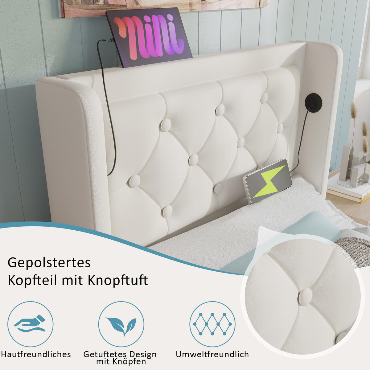 POLSTERBETT 90/200 cm in Weiß mit Bettkasten, LED, USB und Type-C - Weiß, Holzwerkstoff/Textil (90/200cm) - WISHDOR