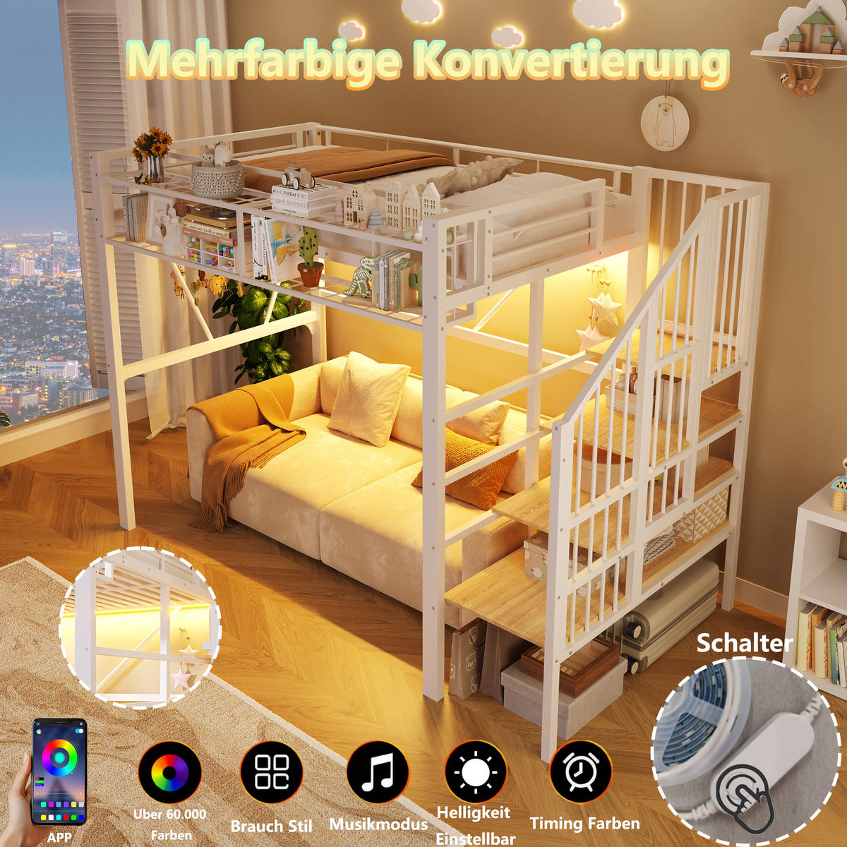 HOCHBETT 90/200 cm in Weiß mit LED und Stauraum - Weiß, Holzwerkstoff/Metall (90/200cm) - WISHDOR