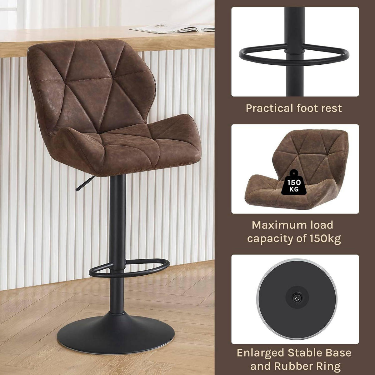 BARHOCKER 2er Set, höhenverstellbar,drehbar,Kunstleder Stahl - Dunkelbraun, Metall (50/94/41cm) - Woltu