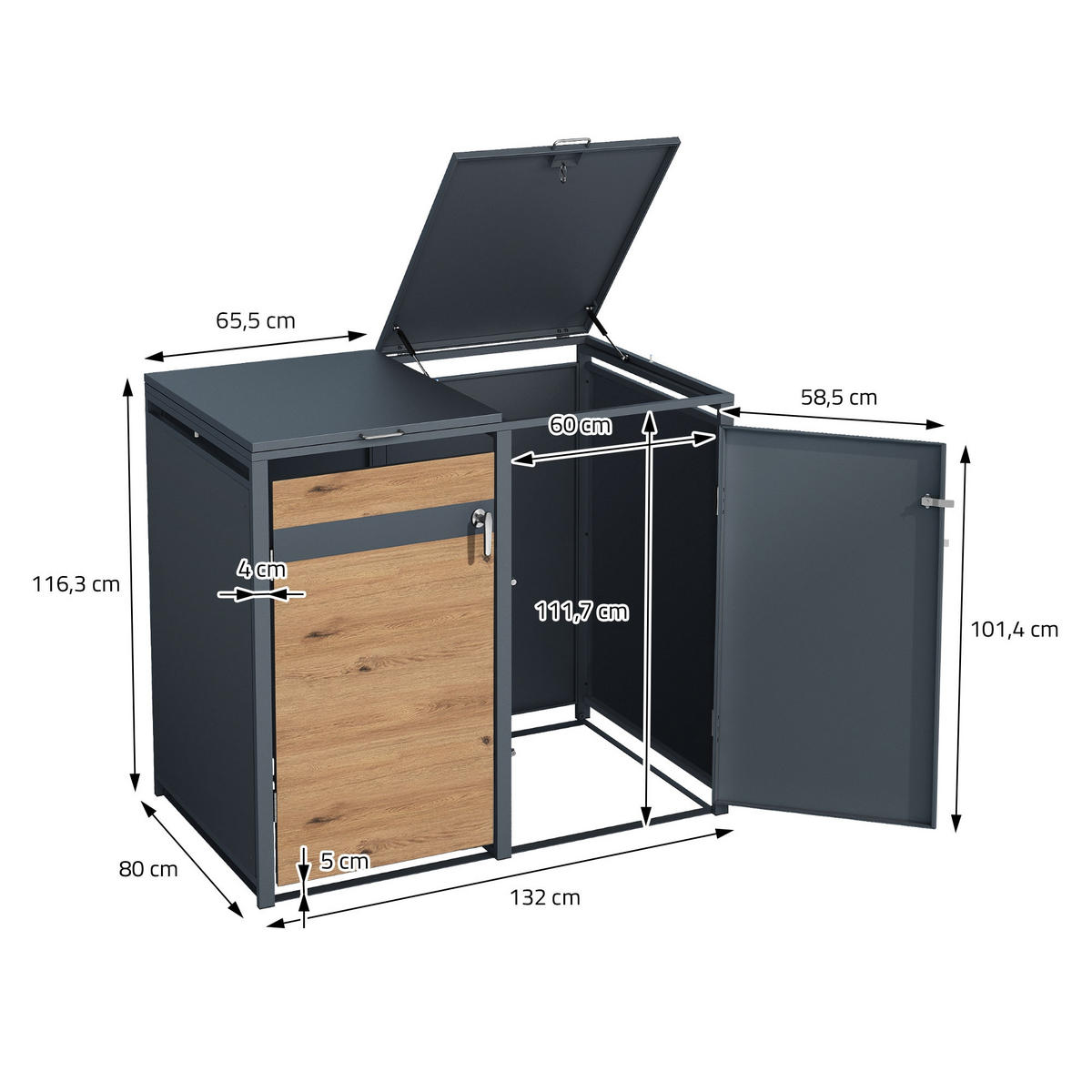 MÜLLTONNENBOX 4er Anthrazit-Eichenoptik - Braun, Metall (80/116.3/264cm) - ML-DESIGN