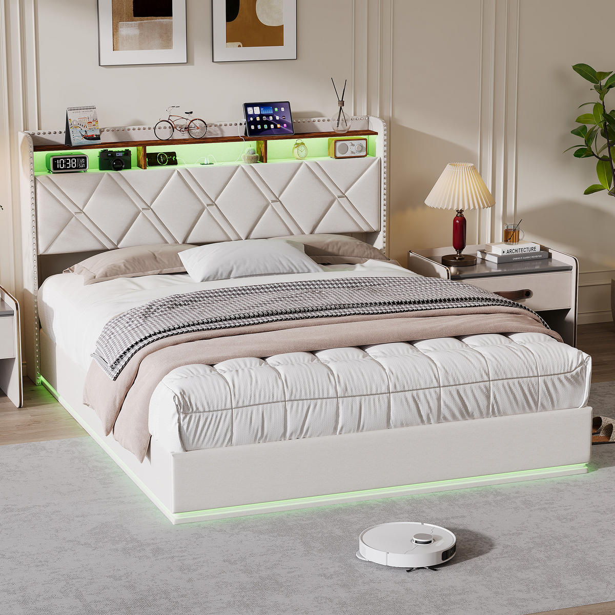 POLSTERBETT 140/200 cm Jugendbett Beige mit verstellbarer LED-Beleuchtung & USB - Beige, Holz/Textil (140/200cm) - PARAFTA HOME