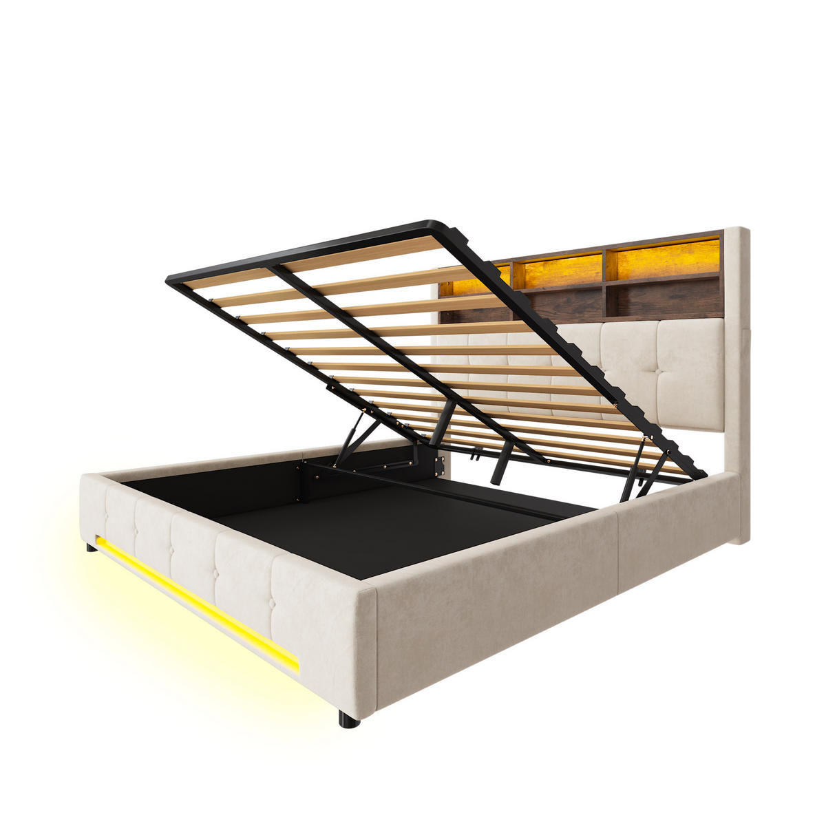 POLSTERBETT 160x200cm, Kopfteil, 6 Fächer, Taschen, USB-C, LED, Hydraulik, Stauraum - Beige, Metall (160/200cm)