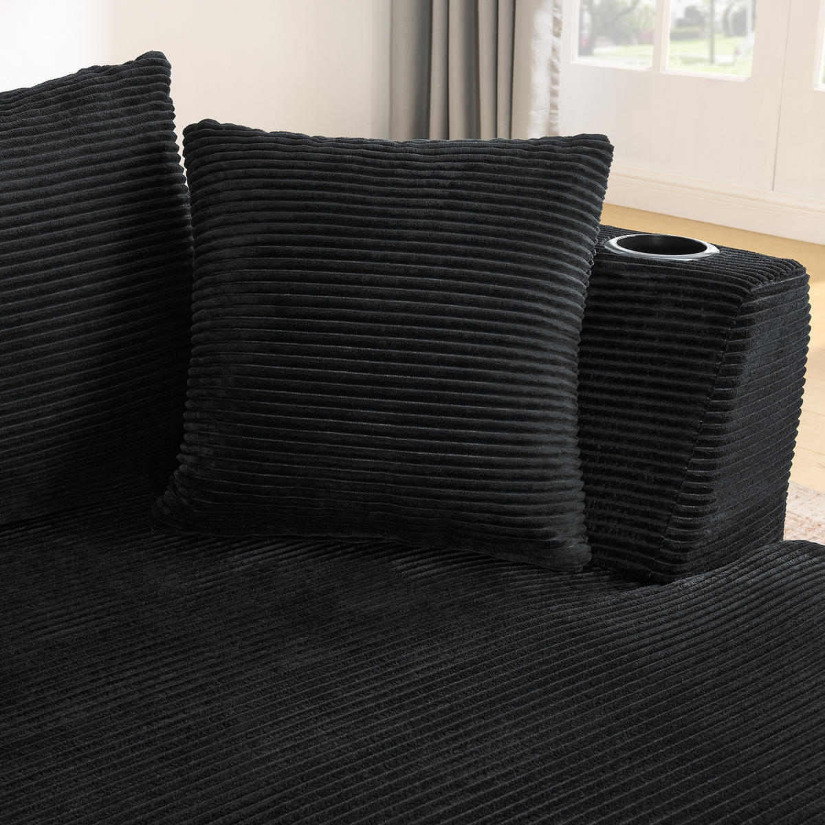3-SITZER ECKSOFA Cord Schwarz mit Getränkehaltern und Kissen - Schwarz, Textil (264/168cm) - WISHDOR