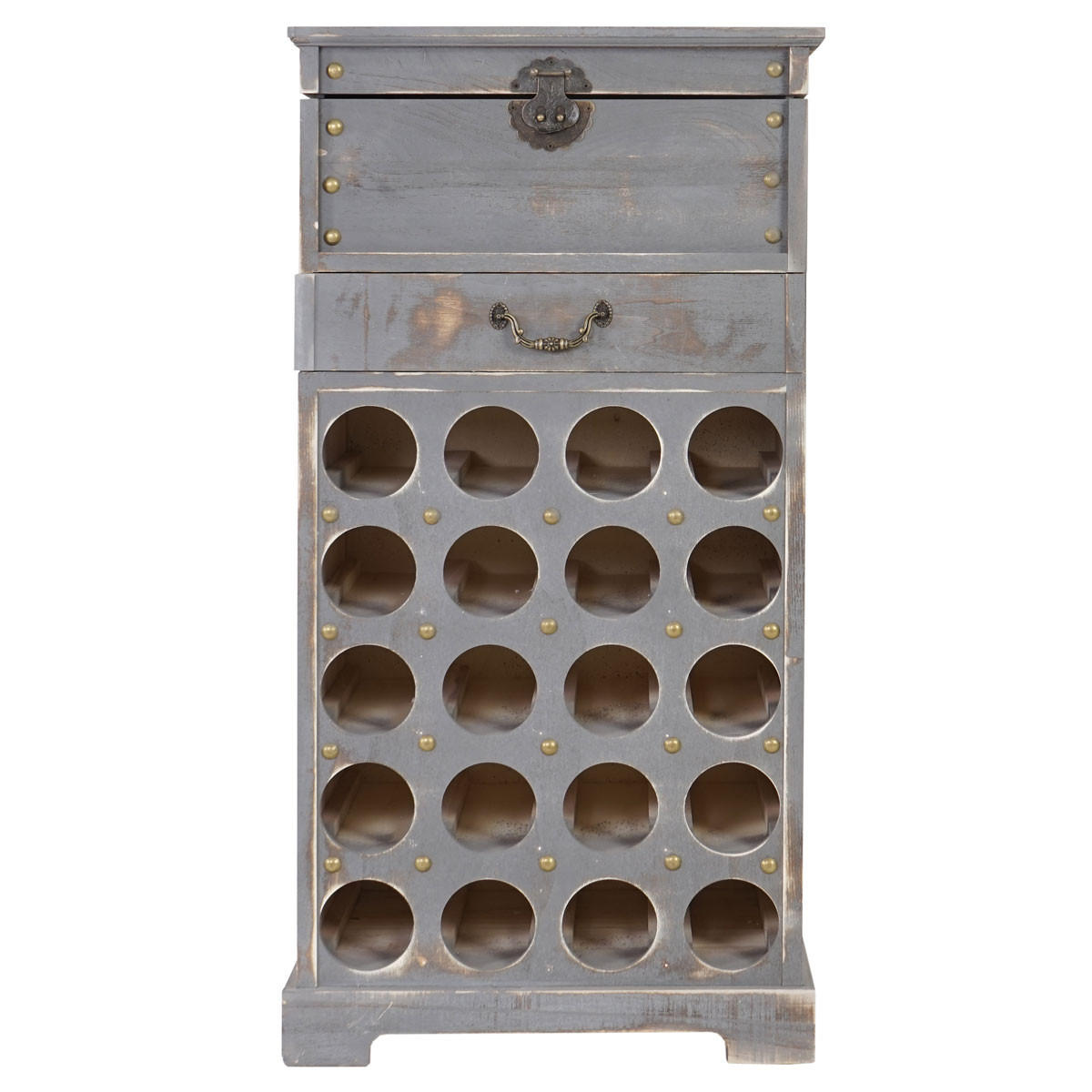 WEINREGAL mit Schublade und Truhe Flaschenregal für 20 Flaschen 94x48x31cm Shabby-Look, Vintage Grau - Grau, Holz (48/94/31cm) - BERLINLODGE