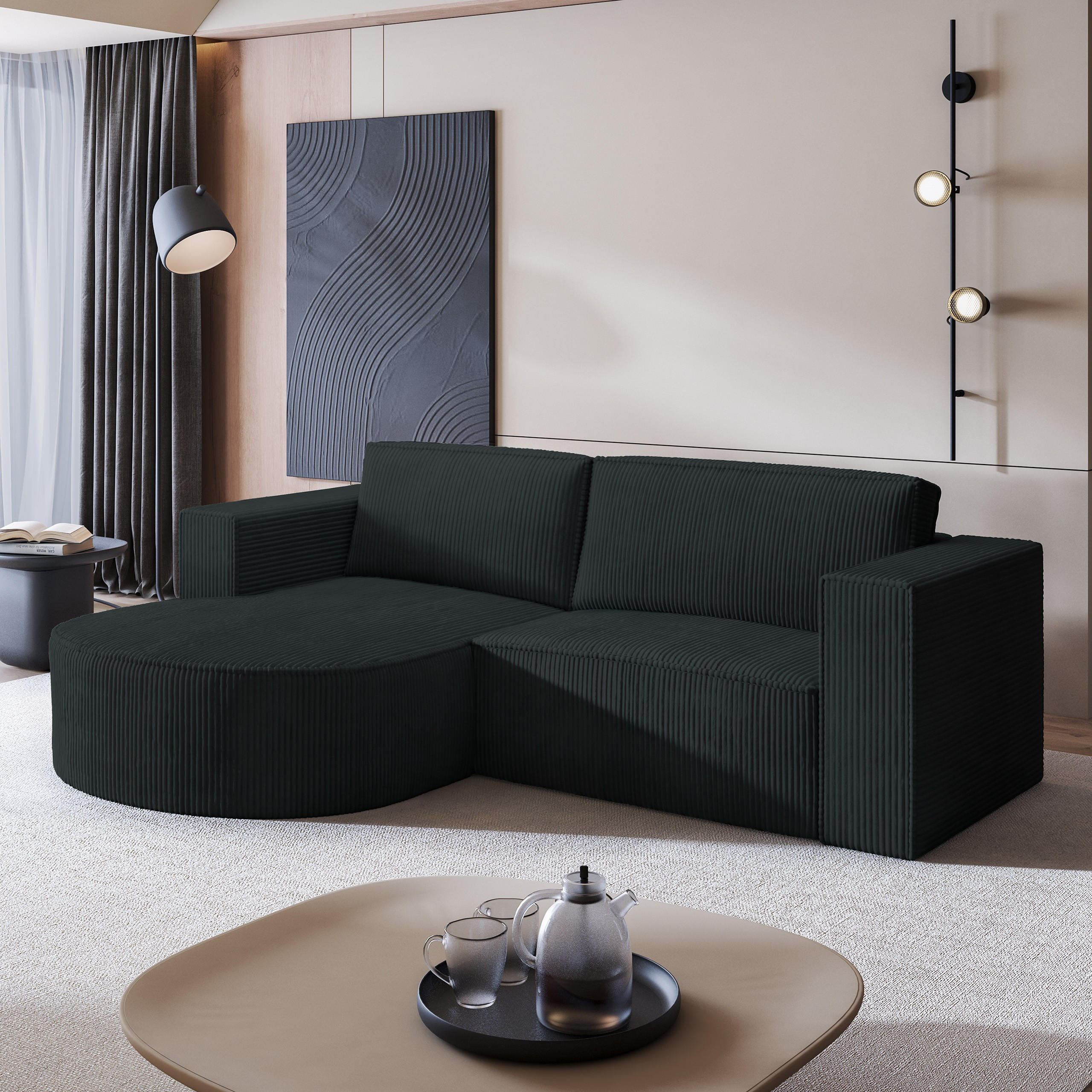 ECKSOFA SORELA P L-S Schwarz Kordstoff mit Schlaffunktion - Schwarz, Holz (263/174cm) - MASSENO