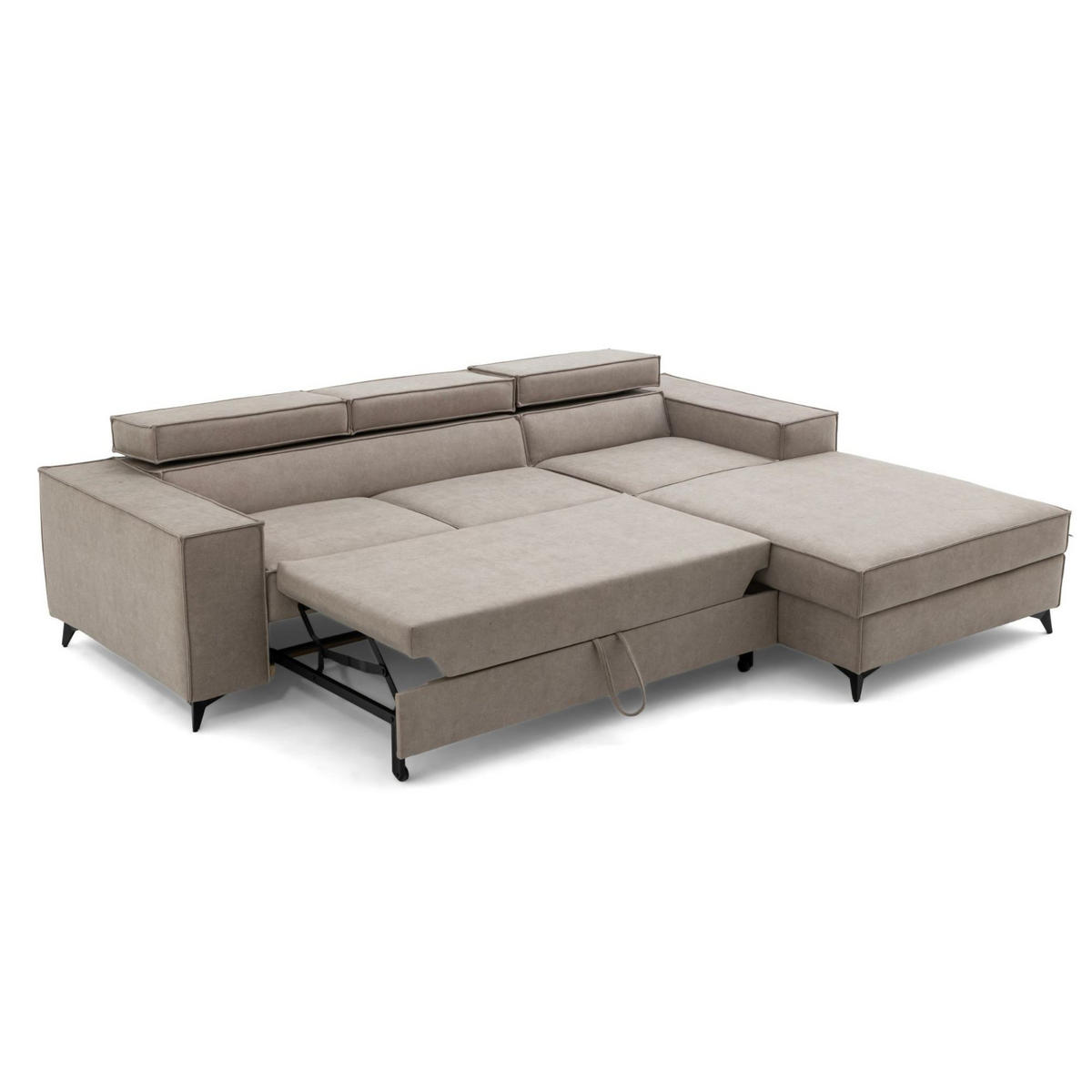 ECKSOFA PURE S Rechts mit Schlaffunktion 127x215 Velours Creme - Creme/Schwarz, Holz/Textil (204/281cm) - Muffo