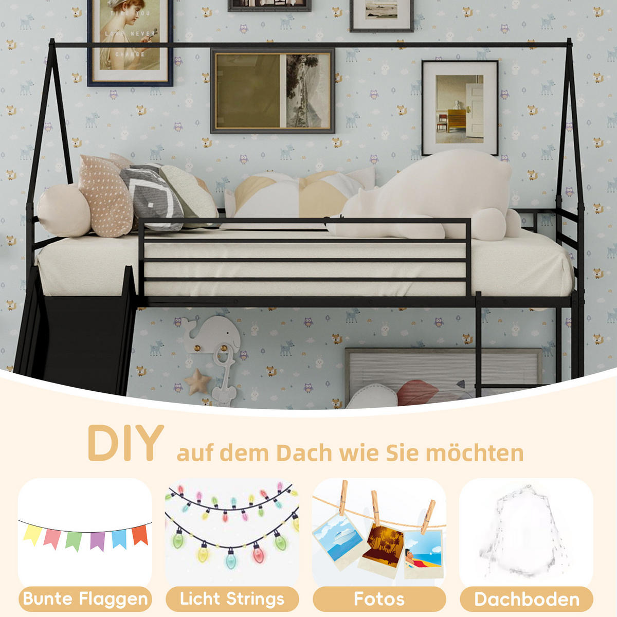 ETAGENBETT 180/200 cm schwarz aus Eisen mit Rutsche und Spielhausdesign - Schwarz, Metall (180/200cm) - OKWISH